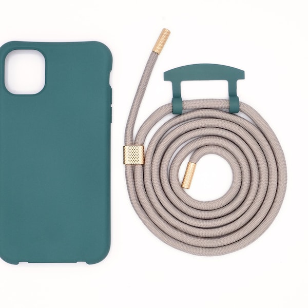 2in1 telefoonhoesje en telefoonketting PETROLGROEN met afneembare koordclip voor iPhone en Samsung