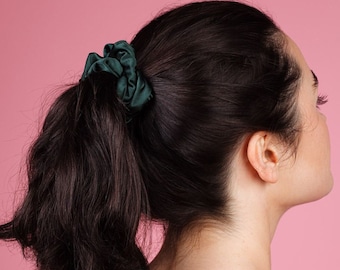 May include: A woman with long dark brown hair tied back in a ponytail with a dark green scrunchie.
