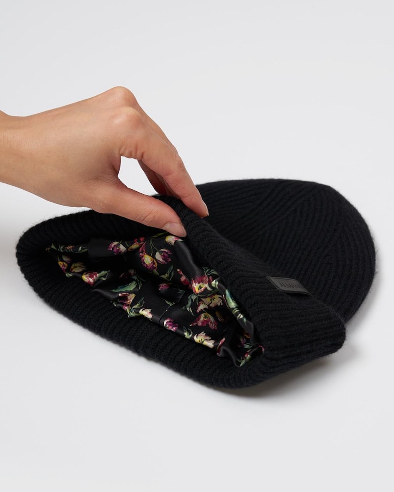 Mütze Wolle Wollmütze mit Seidenfutter Warme Wintermütze Strick Winter Mütze für Damen Mann Herren Handgemachte Beanie Schwarz