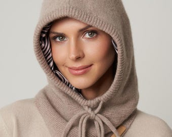 Silk lined balaclava, Cashmere Balaclava, Winter Hood & Neck Warmer, Hair Protection Hooded Scarf, Silk lined cashmere hat, cashmere hood
