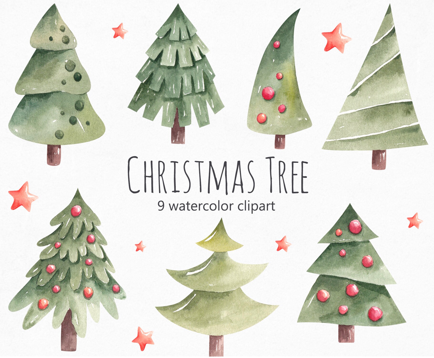 Christmas Tree Watercolor Christmas Clipart Holiday Clipart Etsy