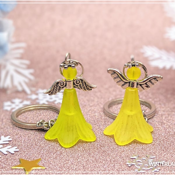 Porte-clés Angel, jaune, différents designs d’ailes, petites ailes et robe fluide, ange gardien fait de perles