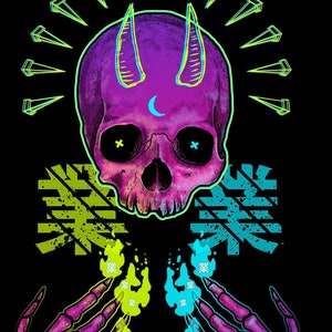 Wall Art Print Flames and Skeleton - Horror, Vibrant, Creepy, Spooky, Dark Artwork, Illustration, Drawing, Home Decor, Wall Print