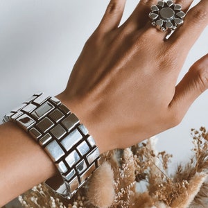 Sterling Silver Wide Bracelet, Geometric Cuff Bracelet, Chunky Silver Bracelet, Unique Statement Bracelet, Heavy Silver Bracelet