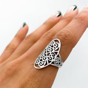 Sterling Silver Ring, Boho Ring, Statement Ring, Cutout Ring, Long Silver Ring, Bohemian Ring, Mandala Ring, Abstract Ring, Handmade Ring
