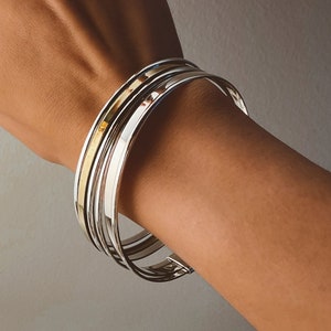 Sterling Silver Bangle Bracelet Set, Stacking Bangles, Set of 3 Bangles, Modern Circle Bracelet, Brass and Silver Bracelet