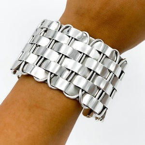 Sterling Silver Woven Cuff Bracelet, Statement Wide Chunky Bracelet, Southwestern Style Bracelet, Braided Bracelet