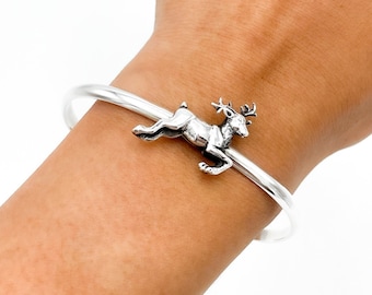 Solid Sterling Silver Cuff Bracelet, Deer Bracelet, Buck Deer Bracelet, Stag Bracelet, Animal Bracelet, Antler Bracelet, Reindeer Bracelet