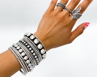 Sterling Silver Bangle, Chunky Bracelet, Half Beaded Bangle