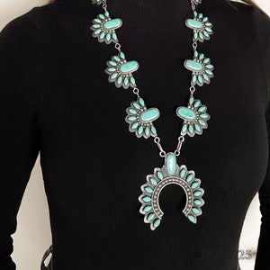 Long Sterling Silver Necklace, Statement Turquoise Necklace, Southwestern Necklace, Silver and Turquoise Necklace, Squash Blossom Necklace
