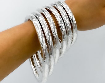 Pulsera de brazalete martillado de plata de ley gruesa, pulsera de brazalete unisex grueso, joyería de plata audaz