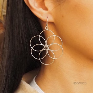 Sterling Silver Flower Earrings, Big Lightweight Earrings, Floral Dangle Earrings, Long Statement Earrings, Geometric Earrings