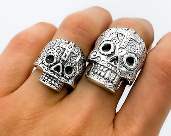 アクセサリー Mexican Jewelry Silver Fang Ring Solid Sterling Silver Ring, Skull Ring, Sugar Skull Ring