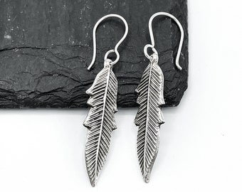 Sterling Silver Feather Earrings, Boho Silver Earrings, Dangle Silver Feather Earrings, Bohemian Earrings, Drop Earrings, Feather Jewelry