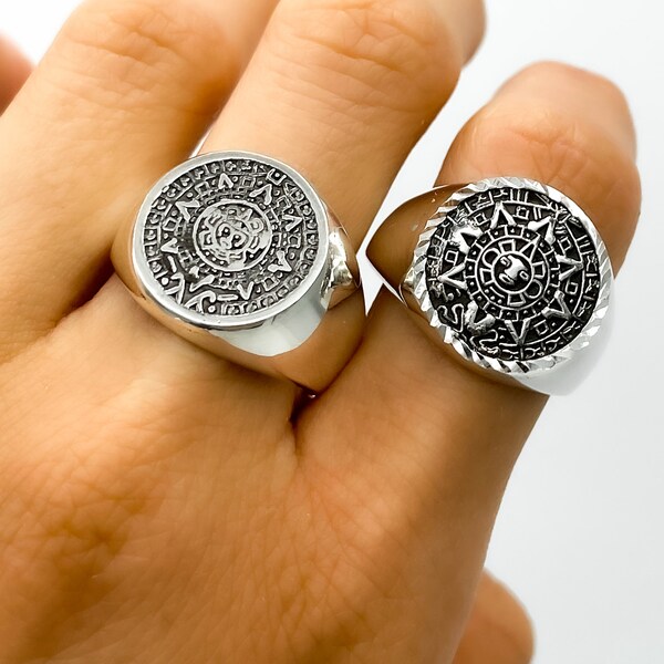 Solid Sterling Silver Aztec Calendar Ring, Signet Ring, Mexican Ring, Statement Ring, Aztec Ring, Oxidized Ring, Mexican Silver Jewelry