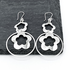 Sterling Silver Flower Earrings, Boho Earrings, Unusual Earrings, Long Dangle Earrings, Big Flower Earrings, Statement Earrings for Women