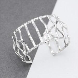 Sterling Silver Cuff Bracelet, Wide Chunky Statement Bracelet, Unique Bracelet, Edgy Jewelry, Modern Cage Bracelet