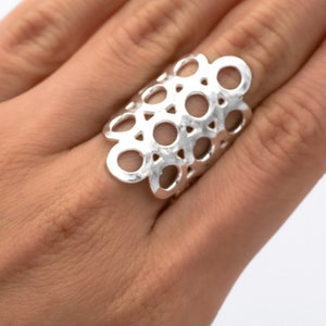 Sterling Silver Circles Ring, Statement Ring, Geometric Ring, Unique Ring for Women, Unusual Ring, Shield Armor Ring, Long Ring, Chunky Ring