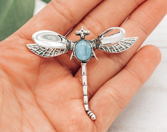 Dragonfly Brooch, Sterling Silver Brooch, Blue Cat Eye Brooch, Statement Brooch, Bold Brooch, Dragonfly Jewelry, Anniversary Gift