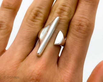 Solid Sterling Silver Ring, Chunky Ring, T Bar Ring, Geometric Unique Statement Ring, Mid Century Modern Ring