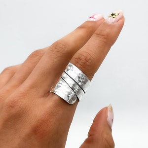 Sterling Silver Wide Band Ring, Cigar Ring, Wrap Adjustable Ring, Chunky Statement Ring, Hammered Ring, Shield Armor Ring