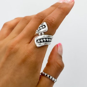 Sterling Silver Boho Ring, Wrap Rustic Silver Ring, Statement Ring, Bohemian Ring, Chunky Silver Ring, Dotted Dome Ring