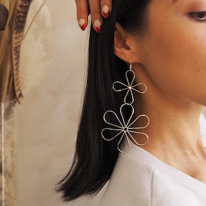Sterling Silver Flower Earrings, Long Lightweight Dangle Earrings, Large Statement Earrings, Dainty Boho Earrings, Floral Jewelry Gift