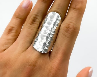 Sterling Silver Shield Ring: Hammered Long Boho Statement Ring