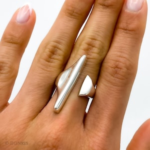 Solid Sterling Silver Ring, Chunky Ring, T Bar Ring, Geometric Unique Statement Ring, Mid Century Modern Ring