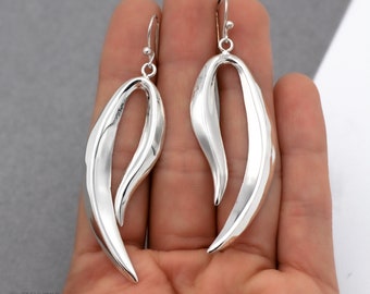Sterling Silver Dangle Earrings, Seaweed Leaf Earrings, Long Lightweight Silver Earrings, Modern Earrings for Women, Unique Earrings