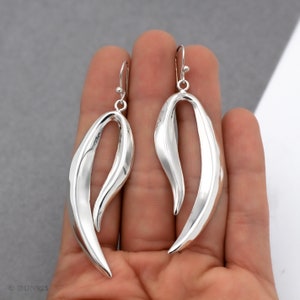 Sterling Silver Dangle Earrings, Seaweed Leaf Earrings, Long Lightweight Silver Earrings, Modern Earrings for Women, Unique Earrings