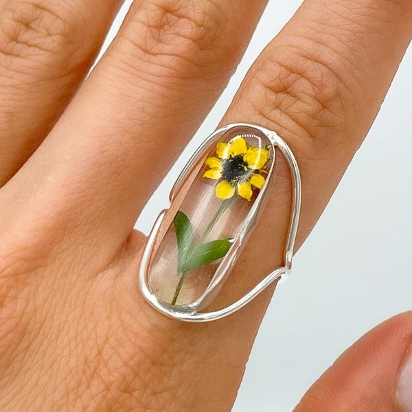 Sterling Silver Ring, Pressed Flower Ring, Botanical Ring, Daisy Ring, Yellow Flower Ring, Floral Jewelry, Sunflower Ring, Adjustable Ring