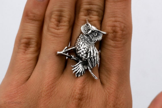 Sterling Silver Owl Ring Big Owl Ring Rustic Ring Statement