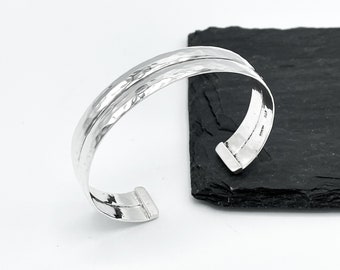 Sterling Silver Hammered Cuff Bracelet, Double Cuff Chunky