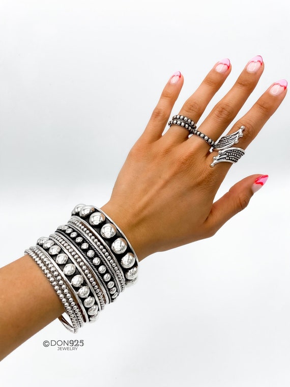 Oxidized Sterling Silver Dome Bangle: Twisted Rope, Chunky Boho