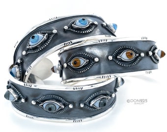 Sterling Silver Eye Cuff Bracelet, Glass Eyeball, Protection Bracelet, Evil Eye Jewelry, Rustic Silver Bracelet