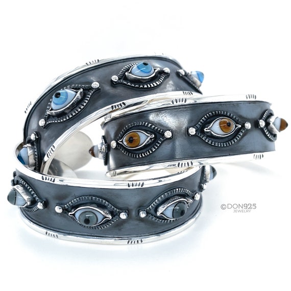 Sterling Silver Eye Cuff Bracelet Glass Eyeball Protection Bracelet Evil Eye Jewelry Rustic Silver Bracelet Etsy