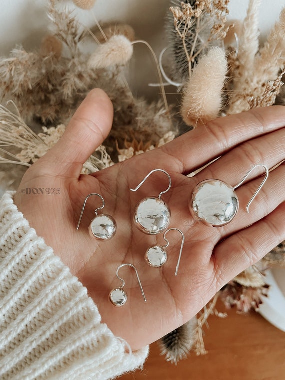 Sterling Silver Sphere Earrings Silver Ball Drop Earrings Aesthetic Earrings Everyday Lightweight Earrings Disco Ball Earrings Etsy