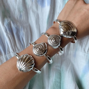Sterling Silver Seashell Cuff Bracelet, Beach Bracelet, Coastal Seashell Jewelry, Unusual Shell Bracelet
