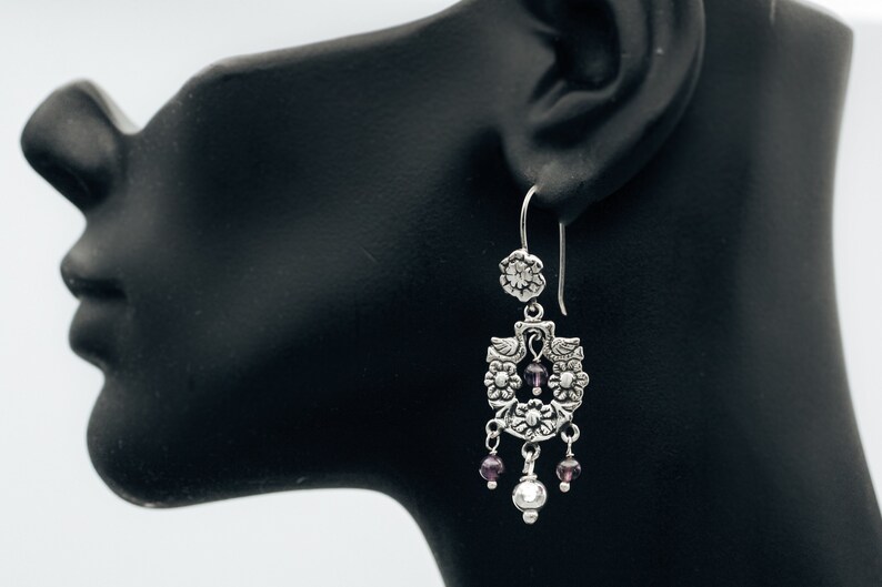 Bohemian Earrings Bird Earrings Aesthetic Earrings Mexican Jewelry Frida Kahlo Earrings Flower Jewelry Sterling Silver 925 /& Amethyst