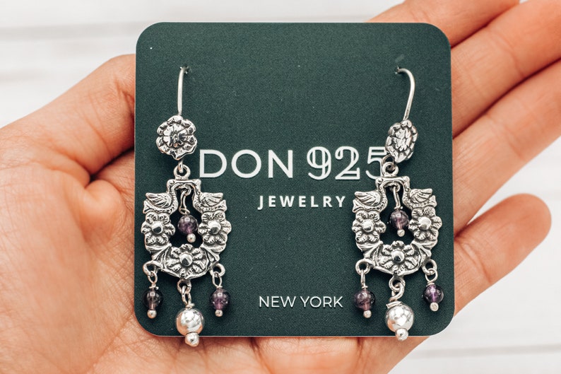 Bohemian Earrings Bird Earrings Aesthetic Earrings Mexican Jewelry Frida Kahlo Earrings Flower Jewelry Sterling Silver 925 /& Amethyst