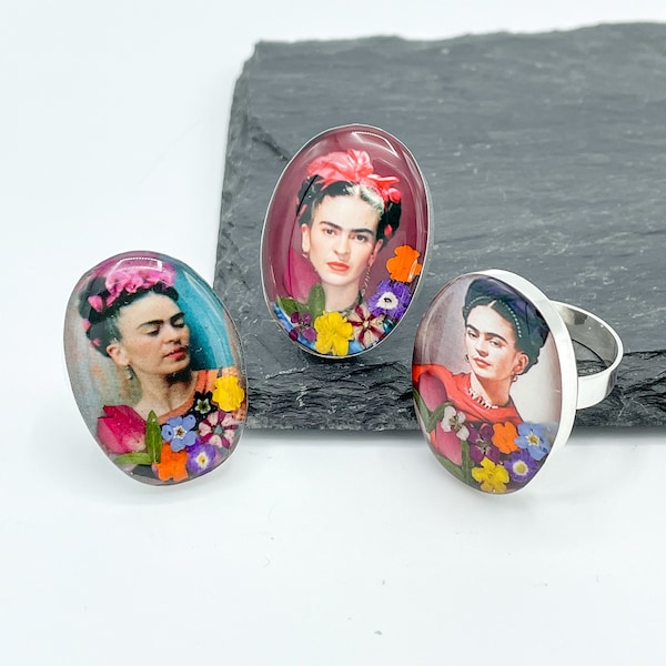 Frida Kahlo Ring, Sterling Silver Ring, Pressed Flower Ring, Feminist Ring, Frida Jewelry, Statement Ring, Botanical Jewelry, (Large Size)