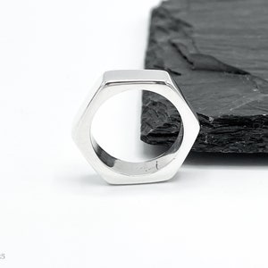 Solid Sterling Silver Nut Ring, Unisex Hexagon Ring, Geometric Chunky Ring image 9