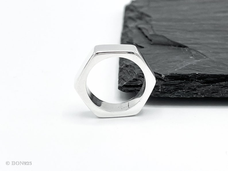 Solid Sterling Silver Nut Ring, Unisex Hexagon Ring, Geometric Chunky Ring image 9