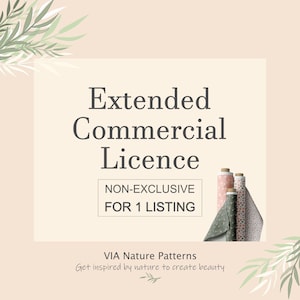 May include: A graphic with the text "Extended Commercial Licence" in black text on a light pink background. The text "NON-EXCLUSIVE" and "FOR 1 LISTING" are in a white box with a black border. The graphic also includes a floral design and fabric rolls.