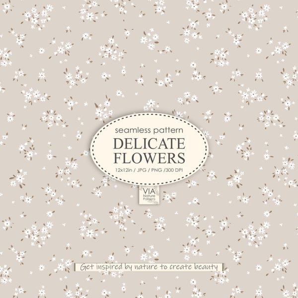 Ditsy Floral beige seamless pattern, wildflowers for fabric, liberty ditsy print, baby small tiny flowers JPG PNG. Digital paper #10059