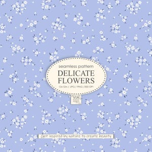 Könnte beinhalten: Ein nahtloses Muster mit zarten weißen Blüten auf hellblauem Hintergrund. Das Muster ist 12 Zoll mal 12 Zoll groß und in den Formaten JPG und PNG mit 300 DPI verfügbar. Der Text "seamless pattern DELICATE FLOWERS 12x12in / JPG / PNG / 300 DPI VIA Nature Patterns Get inspired by nature to create beauty" ist im Bild enthalten.