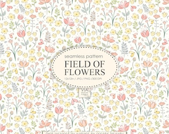 May include: A seamless pattern featuring a field of pink and yellow flowers on a white background. The pattern is 12 inches by 12 inches and is available in JPG and PNG formats at 300 DPI. The text "seamless pattern FIELD OF FLOWERS 12x12in / JPG / PNG / 300 DPI" is displayed in a white oval on a light pink background. The text "VIA Nature Patterns" is displayed in a white rectangle on a light pink background. The text "Get inspired by nature to create beauty" is displayed in black text on a white background.