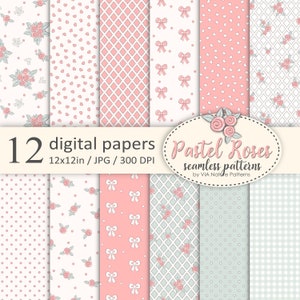 Pastell florale DIGITALE PAPIERE | Rosen nahtloses Muster | Digitale Papiere für Kinder | Rosen Blumen Punkte Herzen Schleifen | JPG Kommerzielle Nutzung #4C