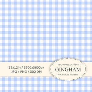 May include: A seamless pattern of blue and white gingham, 12 inches by 12 inches, 3600 pixels by 3600 pixels, 300 DPI, JPG and PNG formats. The text "seamless pattern GINGHAM VIA Nature Patterns" is in a white oval with a dashed border.